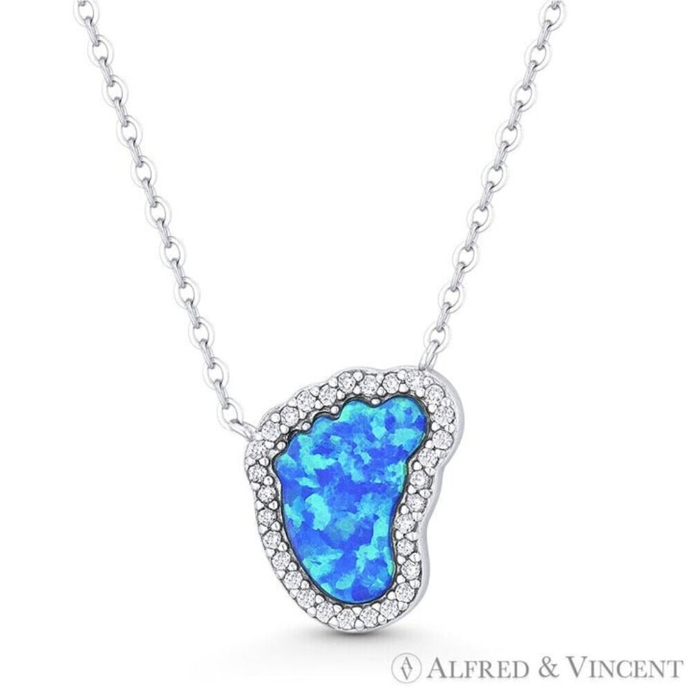 Lab-Created Opal CZ Crystal 925 Sterling Silver Baby Foot Print Necklace Pendant